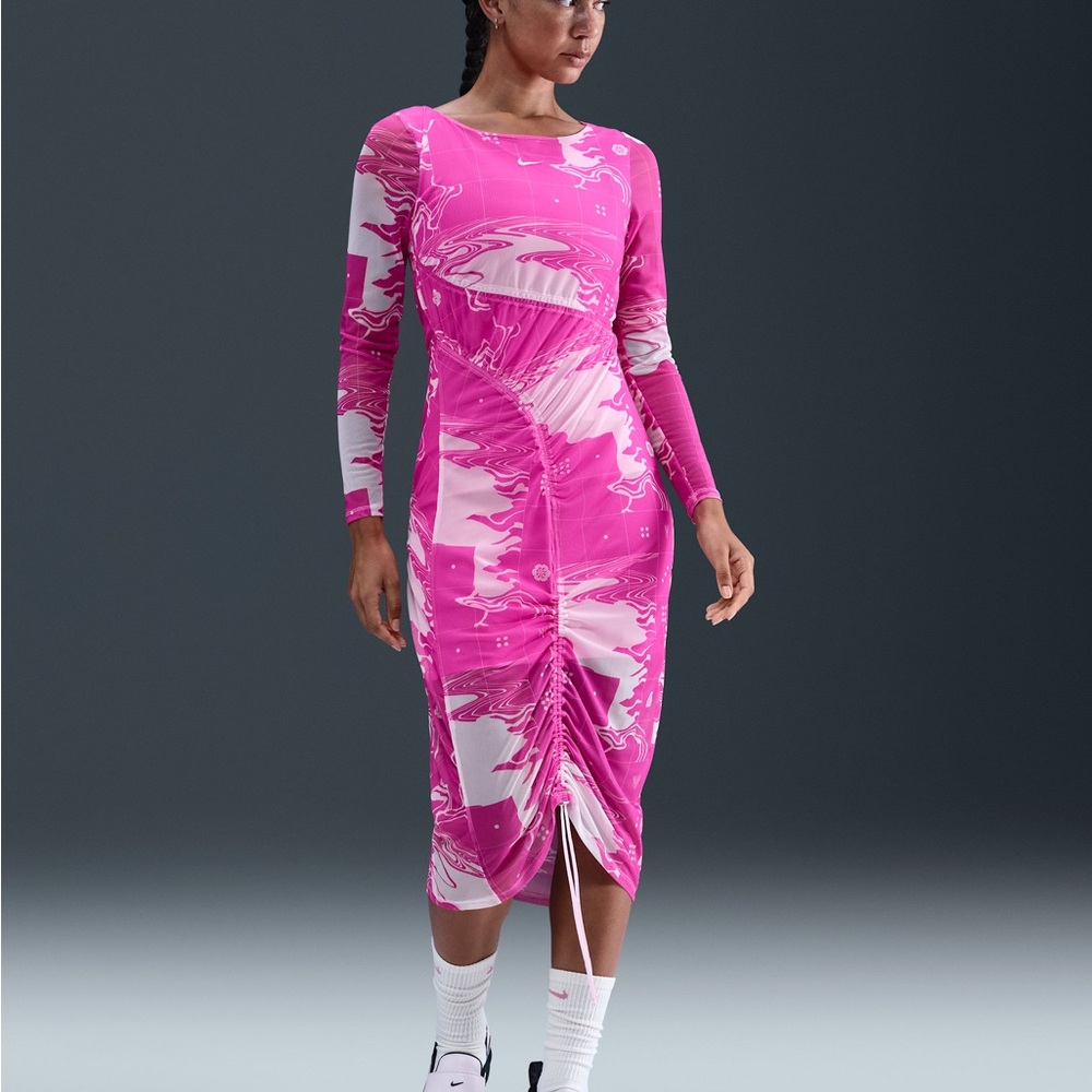 Nike Women's Pink Abstract Print Mesh Long Sleeve Ruched Midi‎ Dress